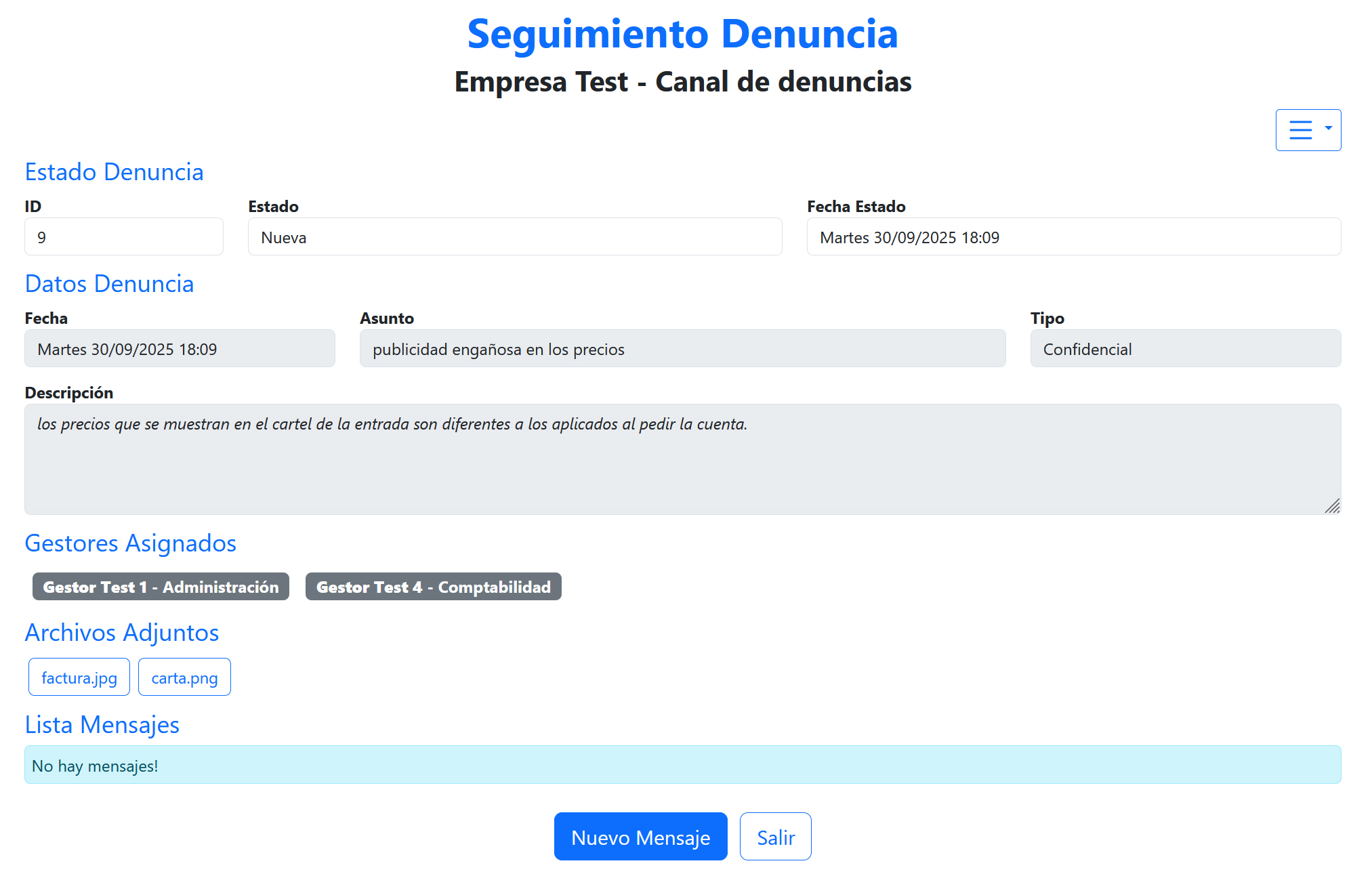 Visualización estado denuncia