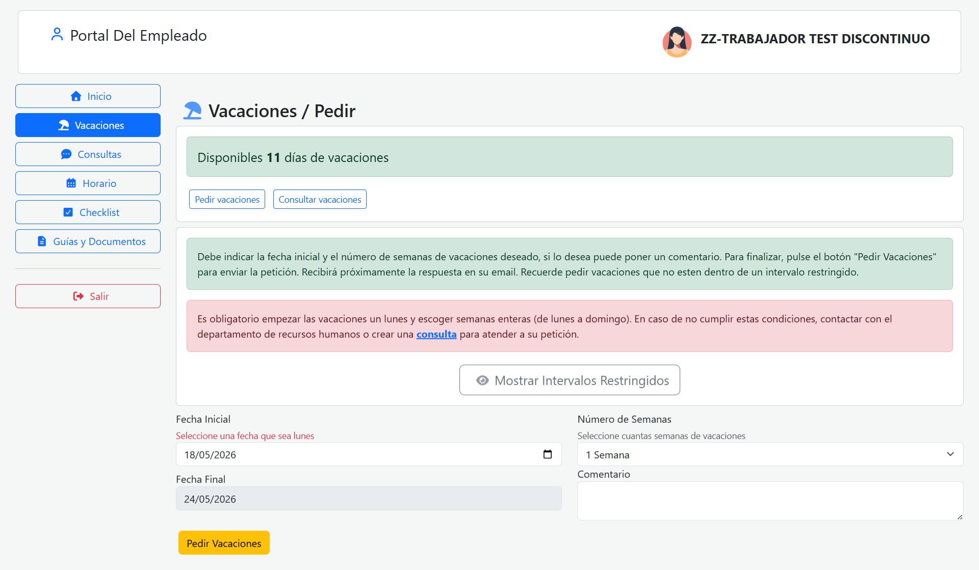 Nueva petición de vacaciones